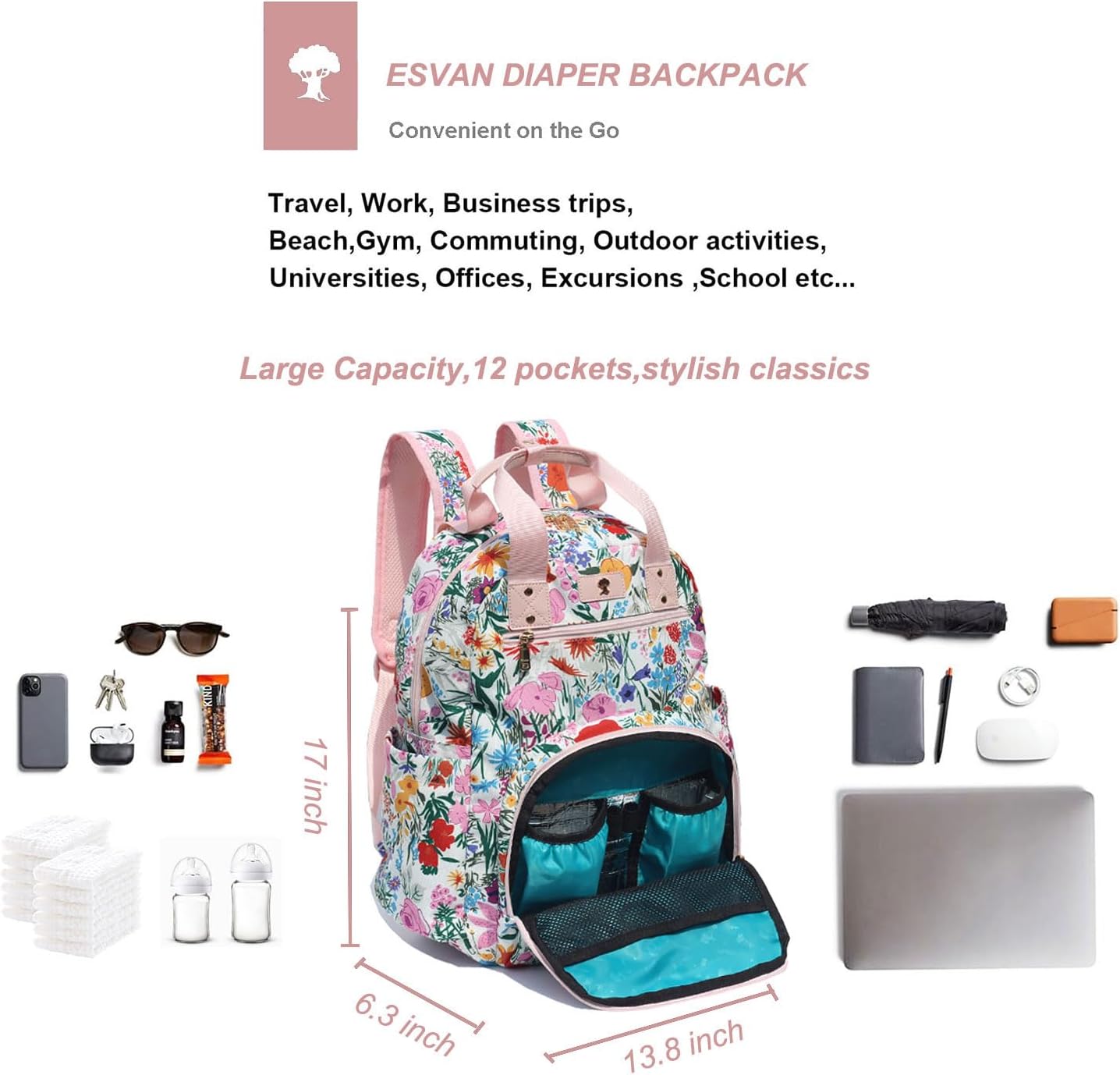 Detalle de ESVAN Diaper Bag Backpack Canvas