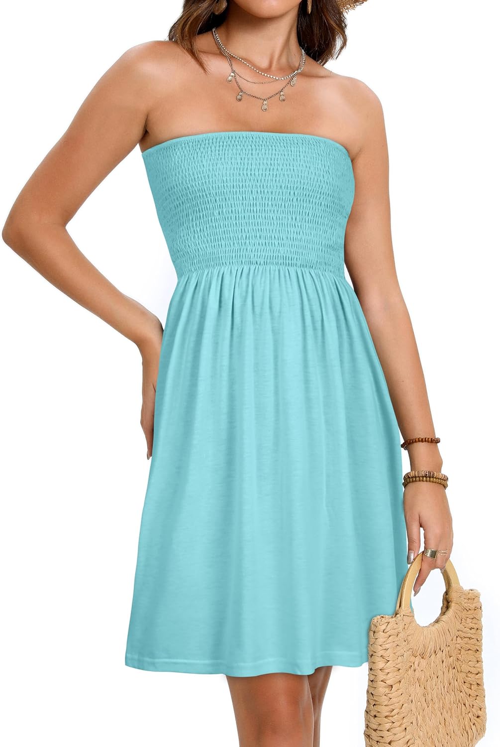 Detalle de elescat Summer Dresses for Women 2026 Strapless Casual Beach Cover Ups Tube Top Sundress