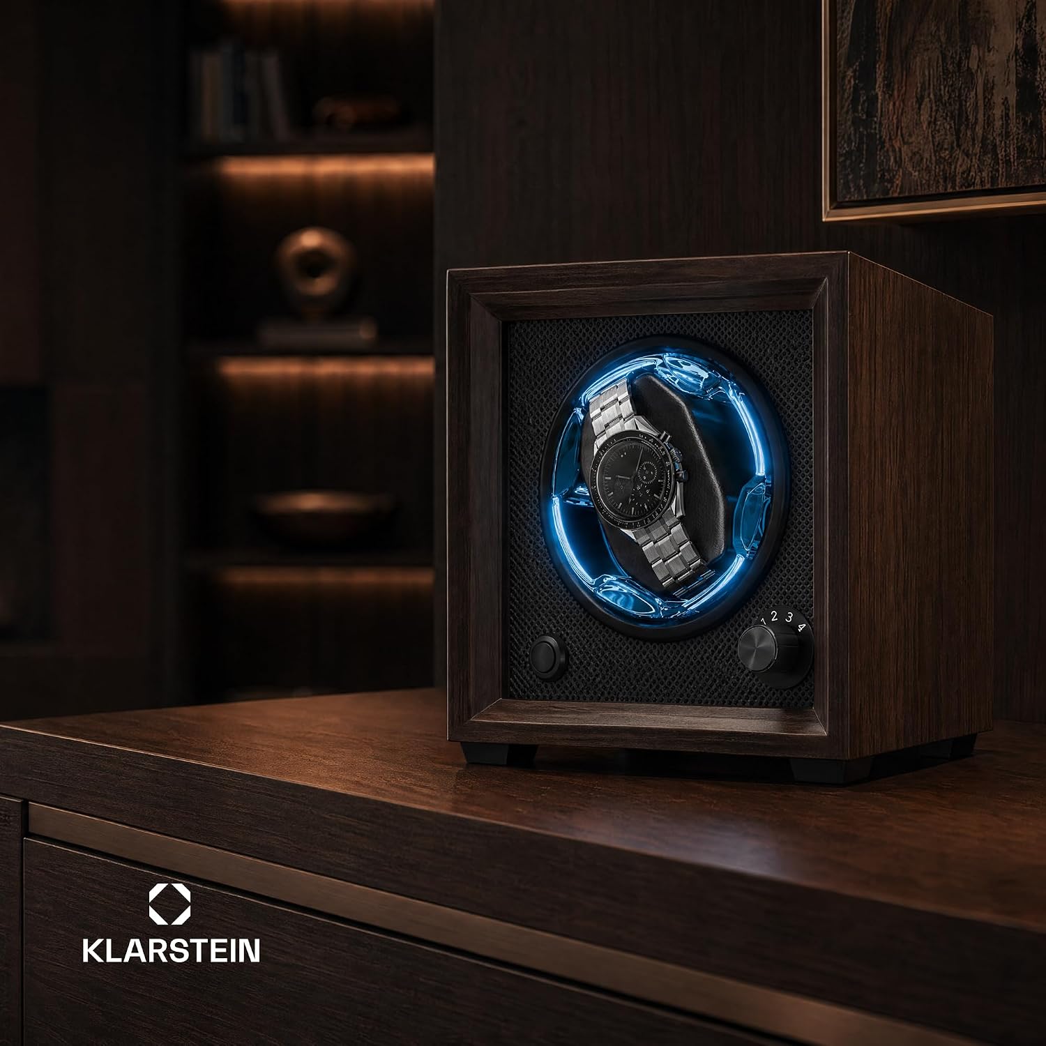 Detalle 2 de Klarstein Brienz horlogeopwinder voor 4 horloges met acryldeur en blauwe led