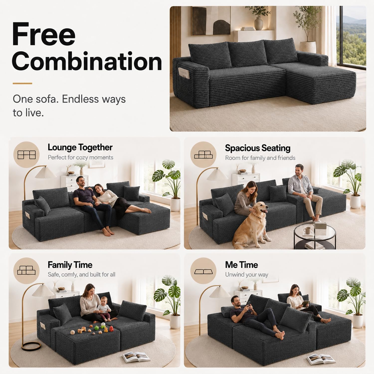 Thumbnail 4 de Yomsum SF658Grey-R 96-Inch Right-Facing Sectional, Corduroy, Deep Seat
