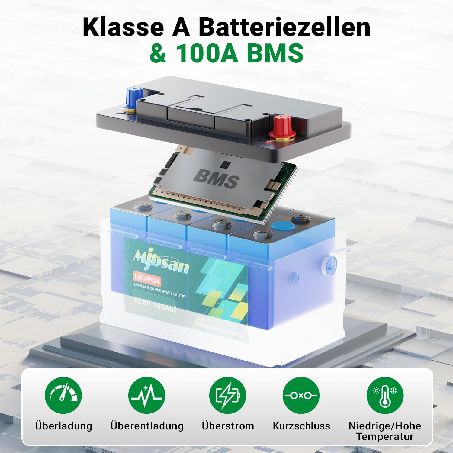 Detalle de Mjbsan LIFEPO4 12V100AH-2 LiFePO4-batteri, 12,8 V, 100 Ah med BMS