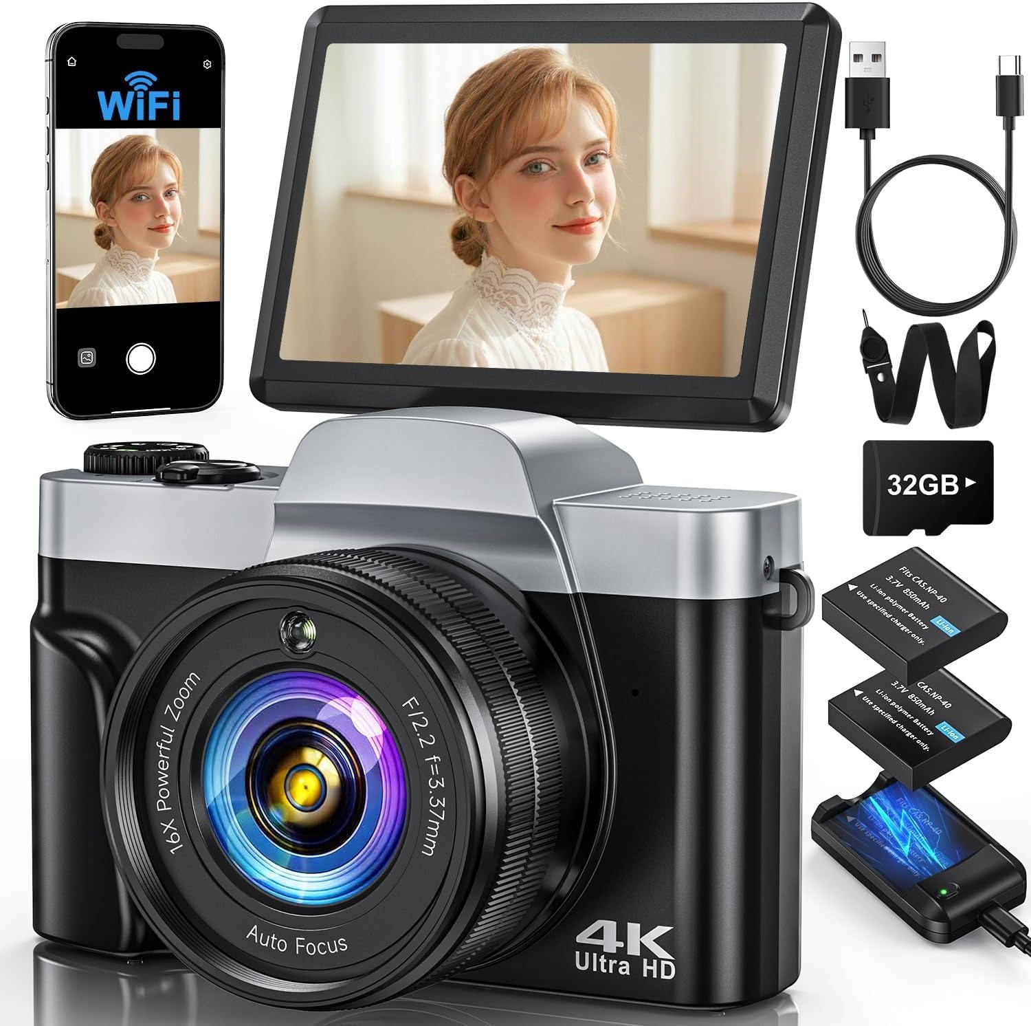 Detalle de 4K Digital Camera with WiFi, 64MP Autofocus Vlogging Camera with 3" Flip Screen – 16X Zoom, Included 32GB Card & 2 Batteries