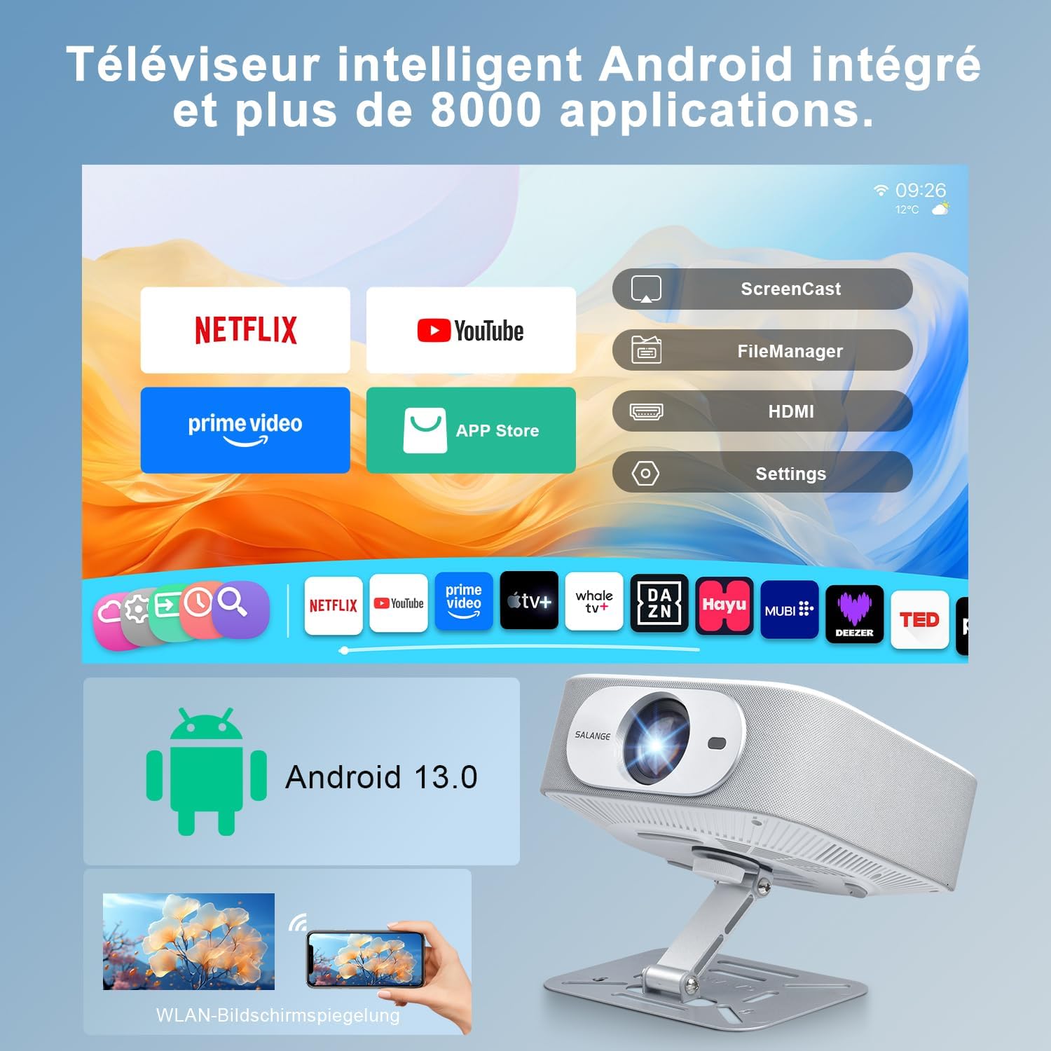 Detalle de Salange Beamer (Netflix kompatibel, Android 13, WiFi & Bluetooth 5.2) mit elektronischem Fokus und Auto-Korrektur