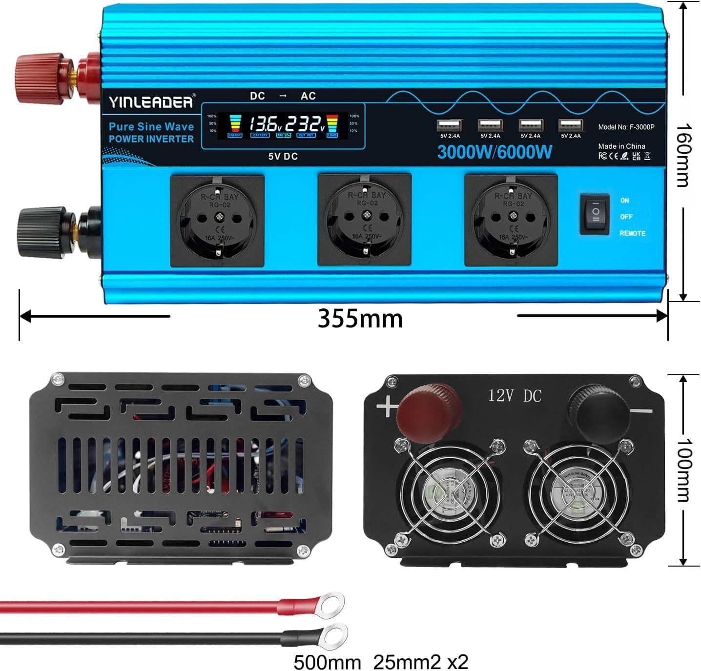 Thumbnail 6 de Yinleader Wechselrichter 3000W/6000W – Reiner Sinus 12V auf 230V mit 3 EU-Steckdosen und 4 USB