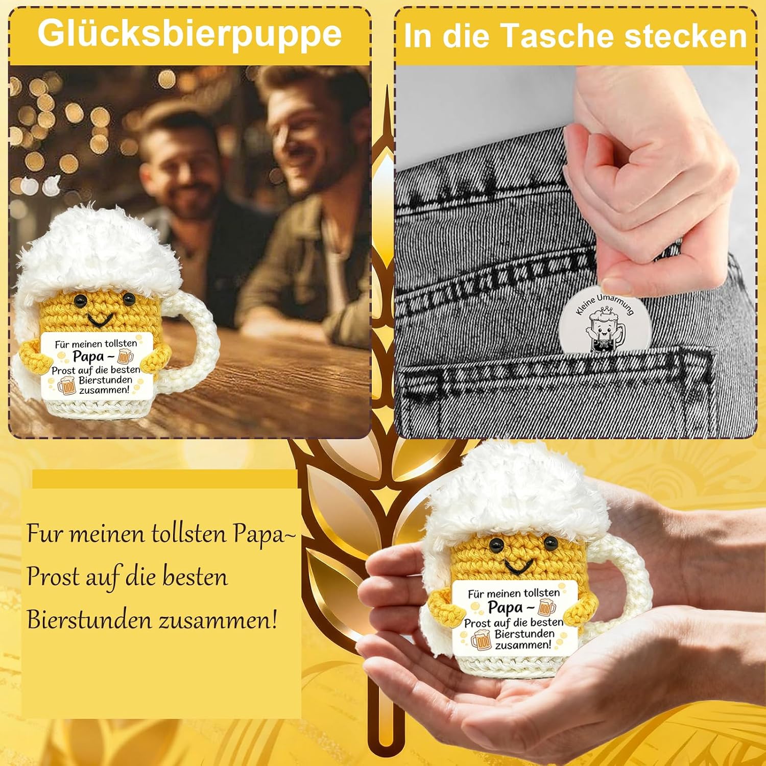 Detalle de 3-teiliges Bier Geschenkset für Männer – Handgestrickte Bierpuppe mit Flaschenöffner & Glücksbringer Münze