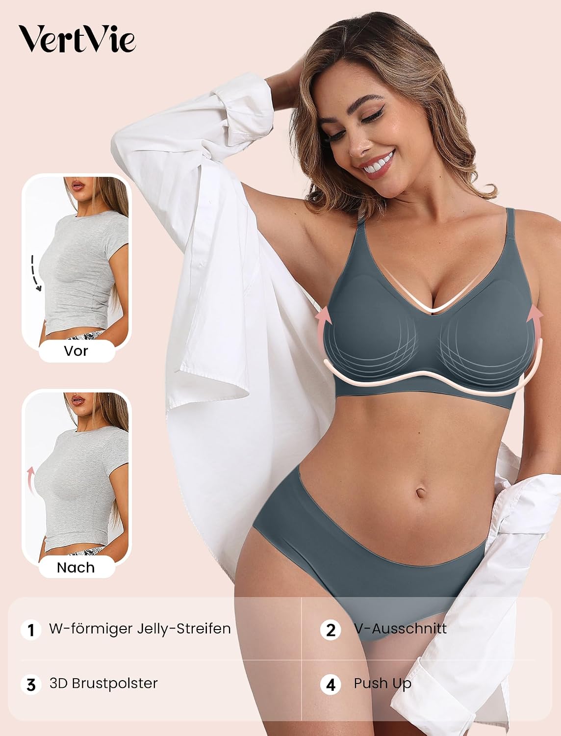 Detalle de Vertvie Nahtloser Damen-BH ohne Bügel mit Soft-Polstern und V-Ausschnitt (seamless)