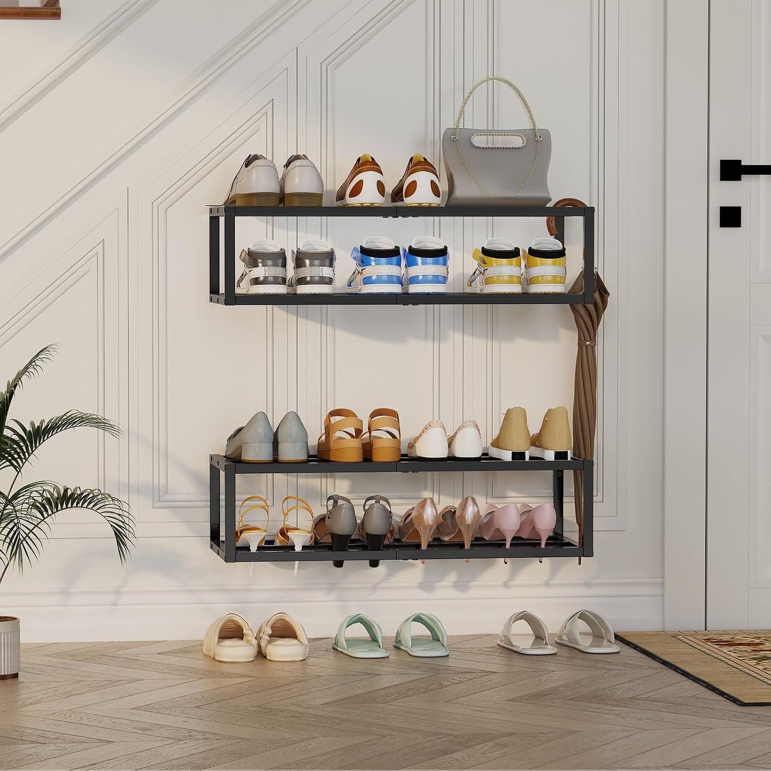 Detalle de HOOBRO BK44XJP201 schoenenrek voor aan de muur, set van 2, zwart metaal