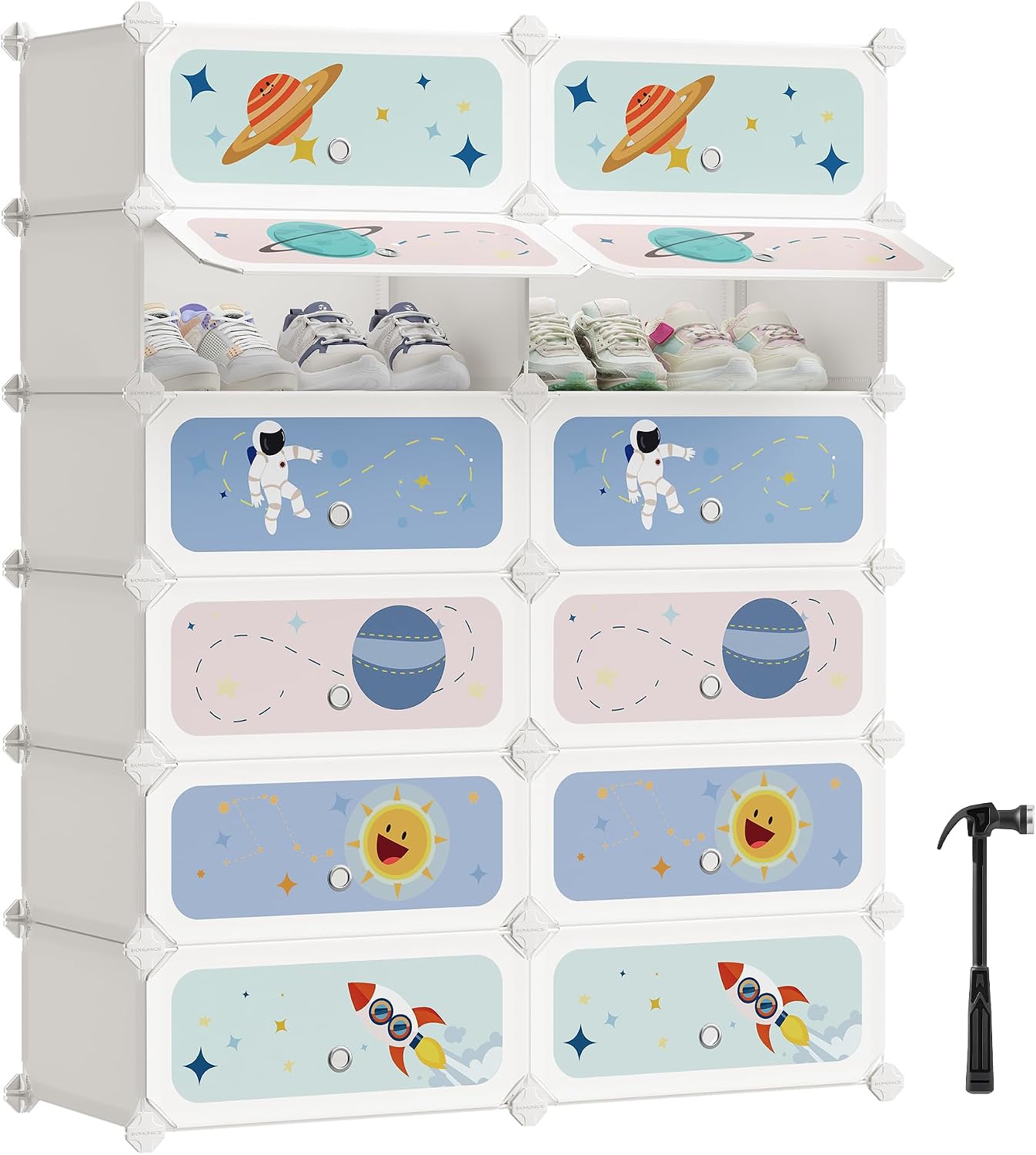 Detalle de SONGMICS Scarpiera a 12 scomparti per bambini con ante e motivi stellari LPC907W01, 31 x 81 x 106 cm