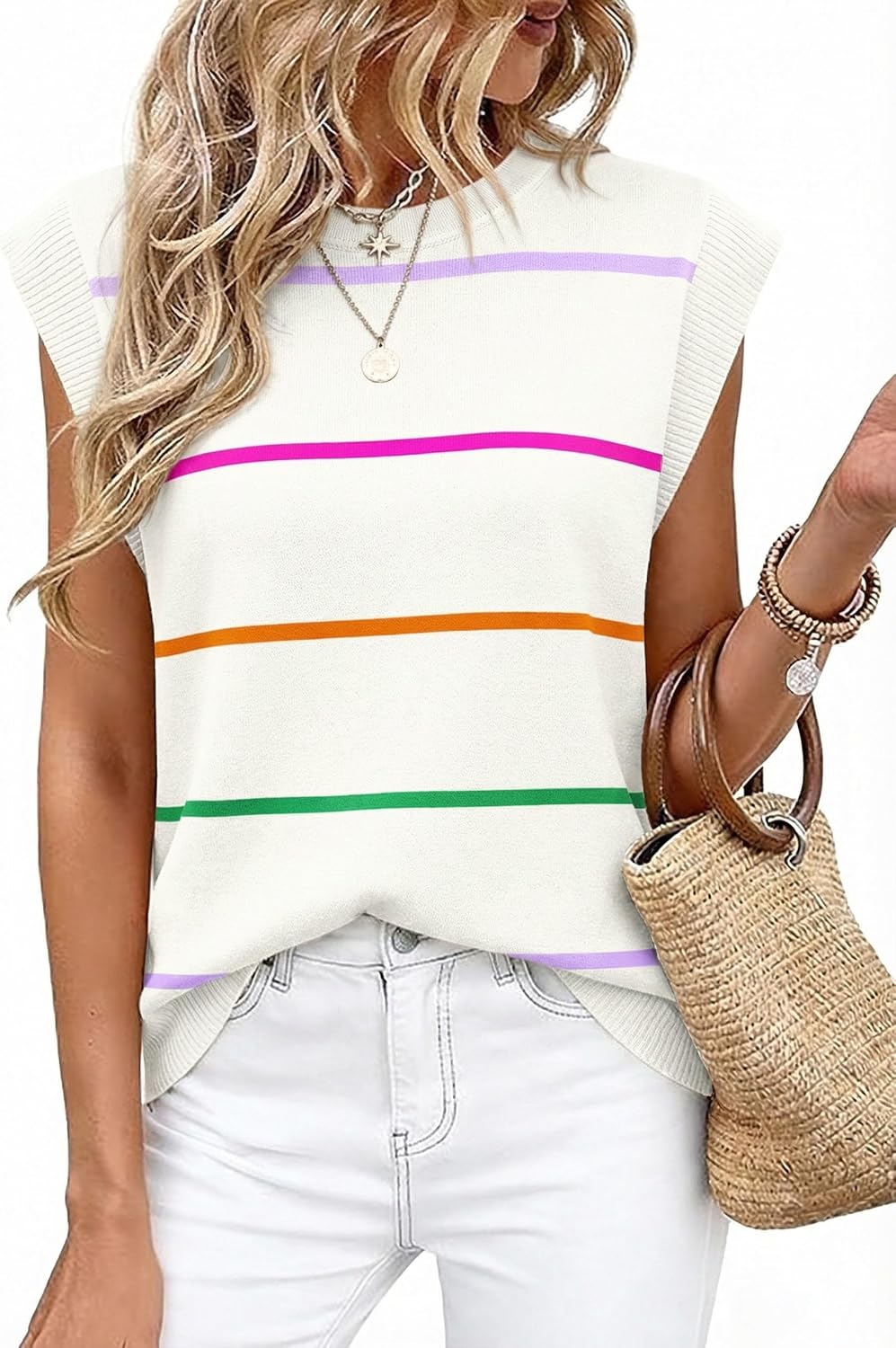 Detalle de WIHOLL Women's Tank Tops: Lightweight Summer Knit with Crew Neck and Ribbed Cap Sleeves