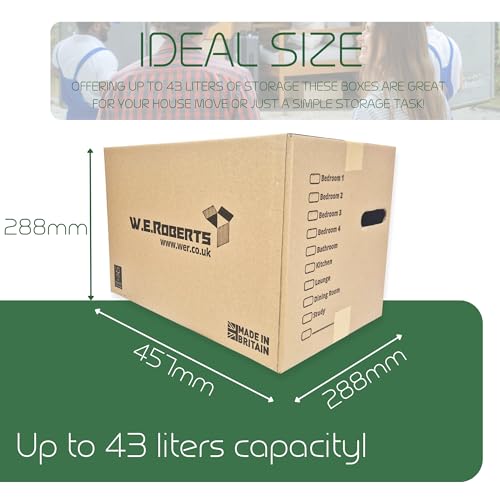 Detalle 2 de Moving Boxes x 20 Large Strong Cardboard Boxes by W.E. Roberts – 45.7 x 28.8 x 28.8 cm, with Handles and Room List