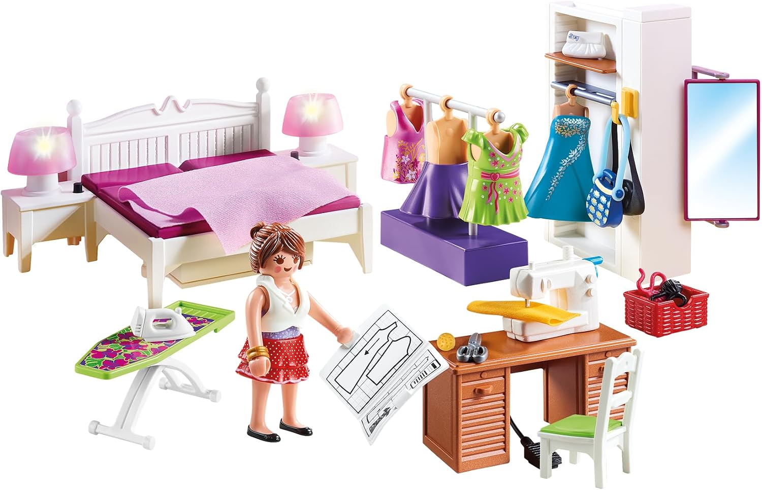 Detalle de PLAYMOBIL 70208 Dollhouse Abwechslung Schlafzimmer mit Nähecke – detailreiches Spielset ab 4 Jahren