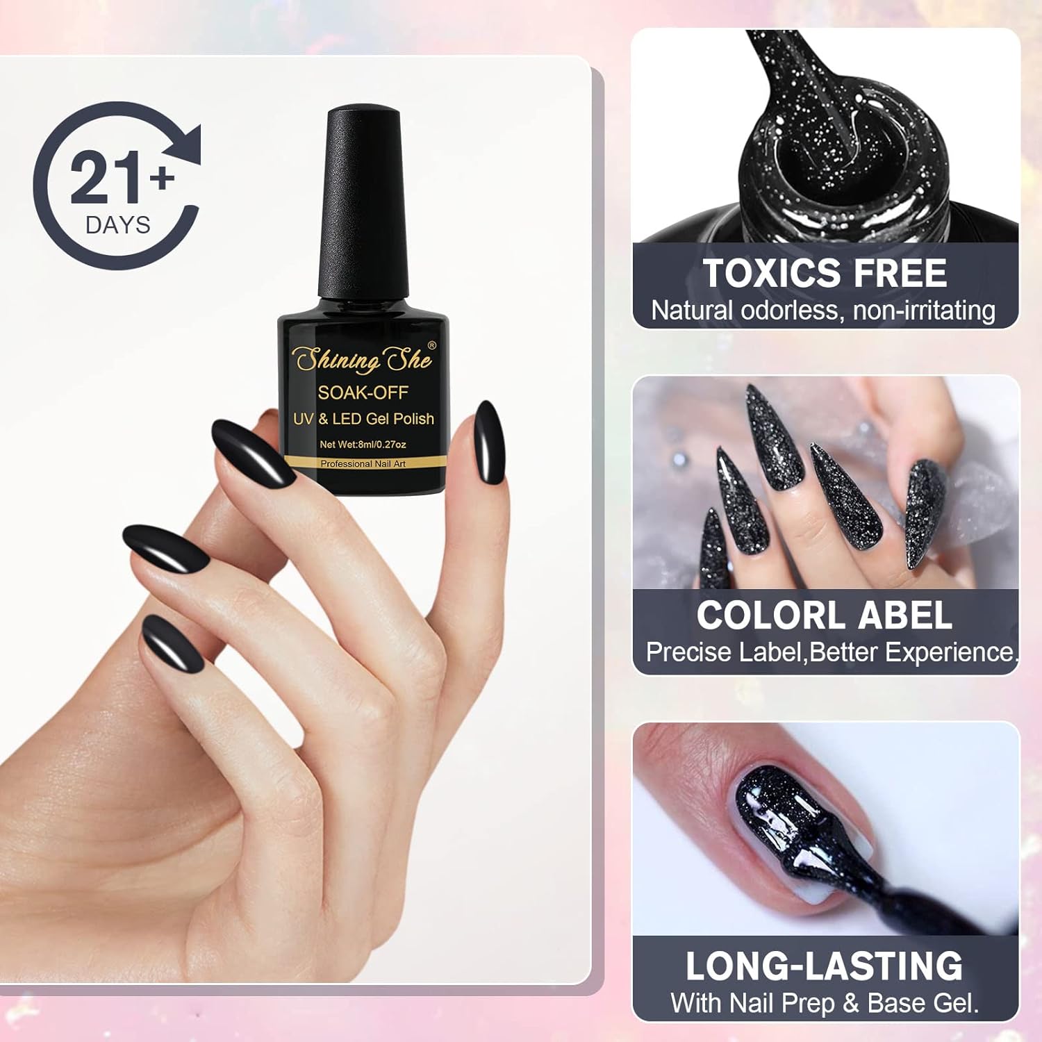 Thumbnail 2 de Shining She UV-Nagellack Schwarz Set mit 6 Farben (Glitzer, Grau/Weiß/Schwarz), 8 ml pro Flasche