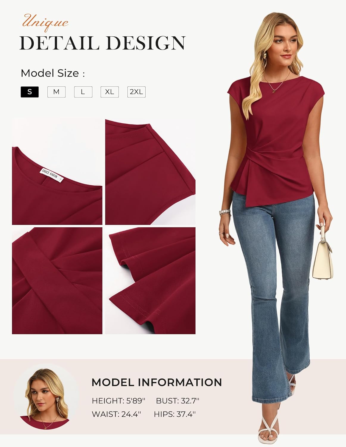 Detalle de GRACE KARIN Womens 2026 Summer Short Sleeve Tops: Peplum Tunic Blouse