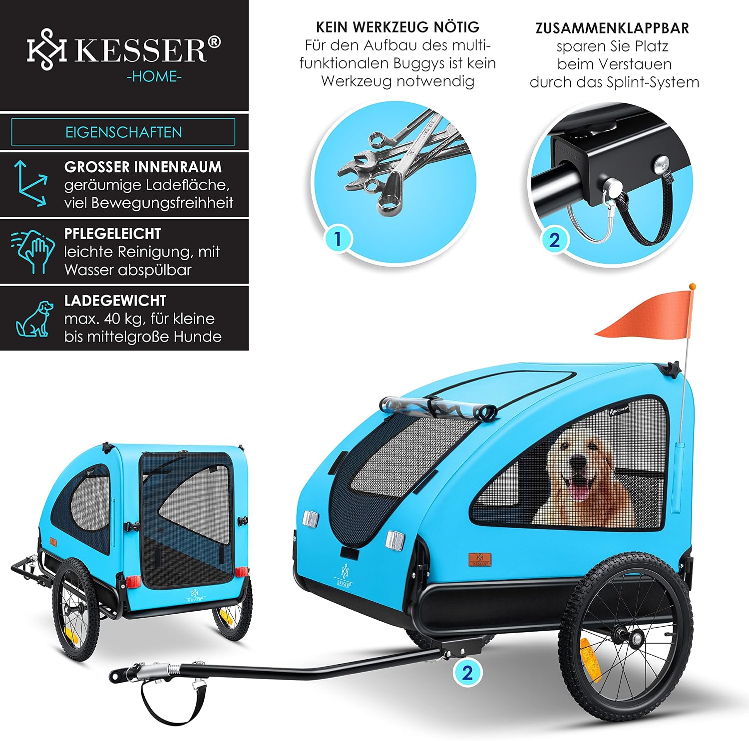 Detalle de KESSER® Hundeanhänger Boxer 2-in-1: Hundebuggy/Fahrradanhänger für bis zu 45 kg – ca. 250 l, klappbar