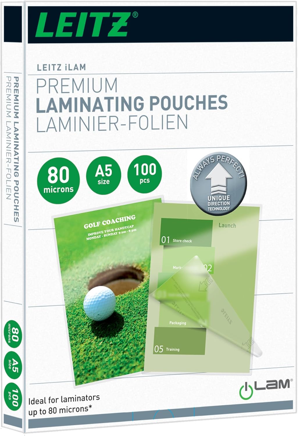 Detalle 2 de Leitz Heißlaminierfolien A4 80 µm – 100er Pack, glänzend, Transparent