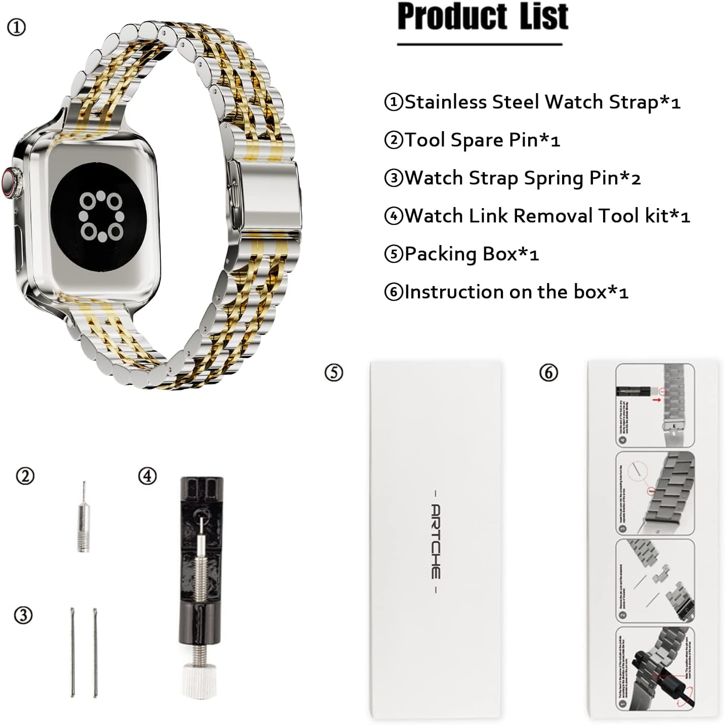 Thumbnail 4 de ARTCHE Slim Watch Strap 42mm adjustable silver & gold