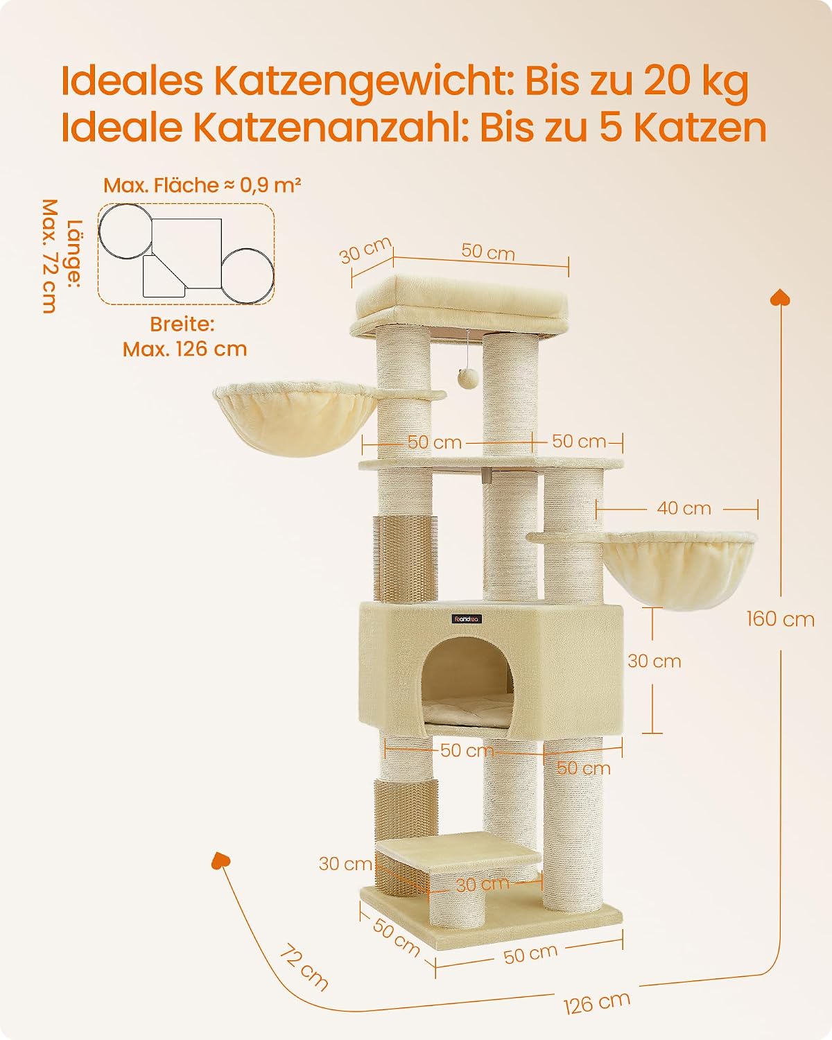 Detalle de Feandrea Kratzbaum PCT003Y01 mit warmen Decken, 50 x 50 x 160 cm und 2 Katzenbürsten