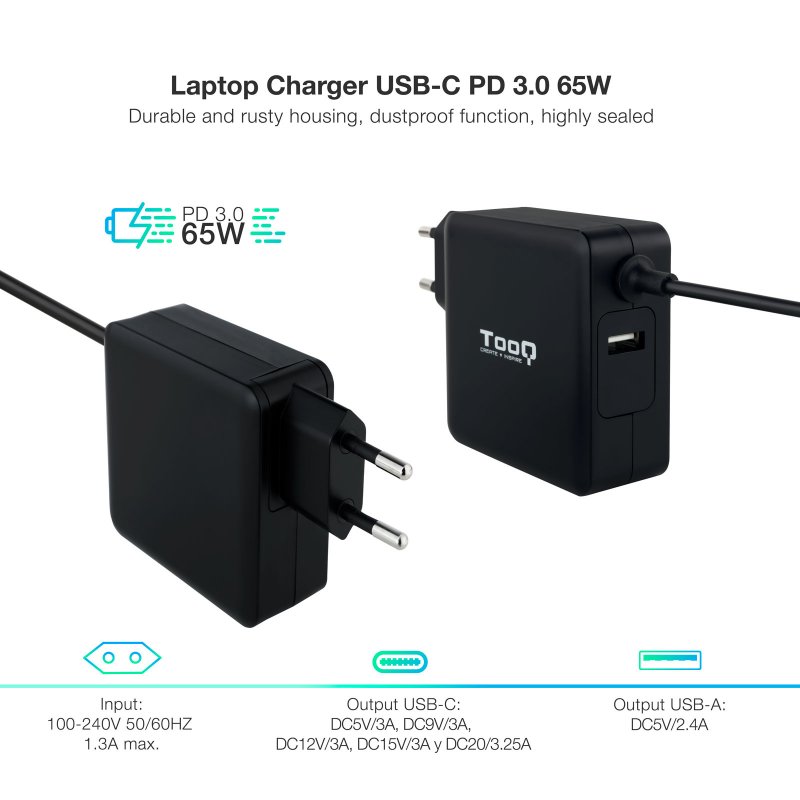 Thumbnail 3 de TooQ TQLC-USBC65PD Cargador USB-C PD 65W negro