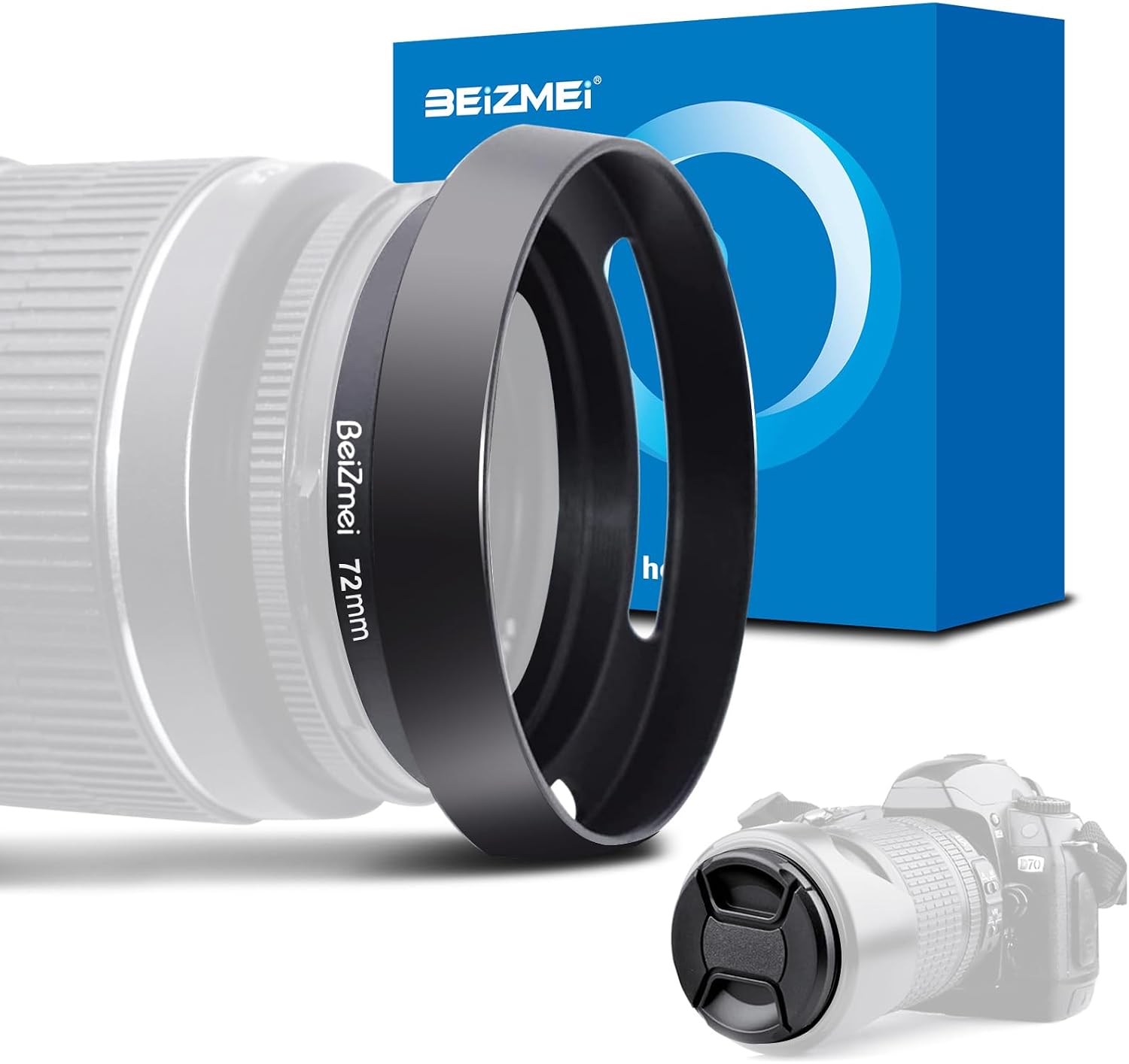 BEIZMEI 72mm Camera Lens Hood with 72mm Lens Cap – CNC metal hood for Ø72mm filter-thread lenses