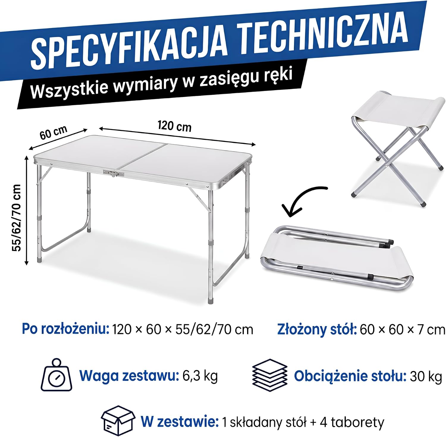 Detalle de GOODS+GADGETS 3169011 – aluminiowy stół kempingowy 120 × 60 cm z 4 taboretami