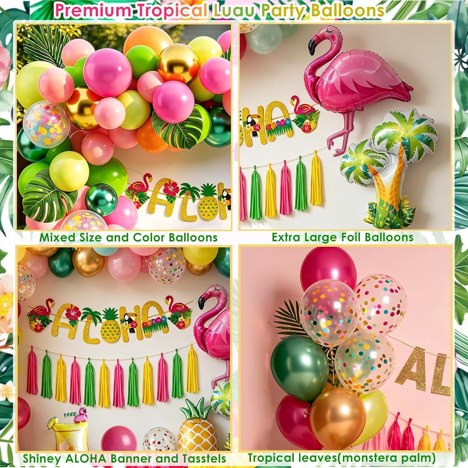 Detalle de Hawaii Party Deko Set – Tropische Ballon Girlande mit Flamingo, Ananas und Aloha Banner