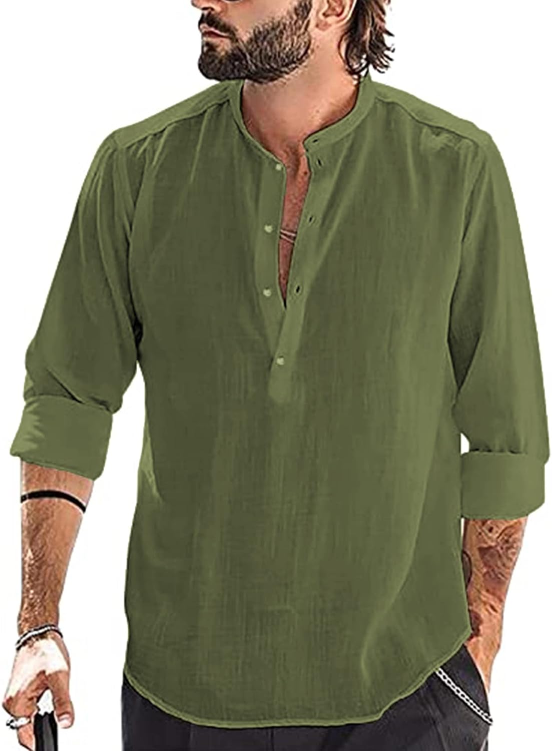 Thumbnail 5 de YAOBAOLE chemise lin coton homme à manches longues Henley – style décontracté pour l’été
