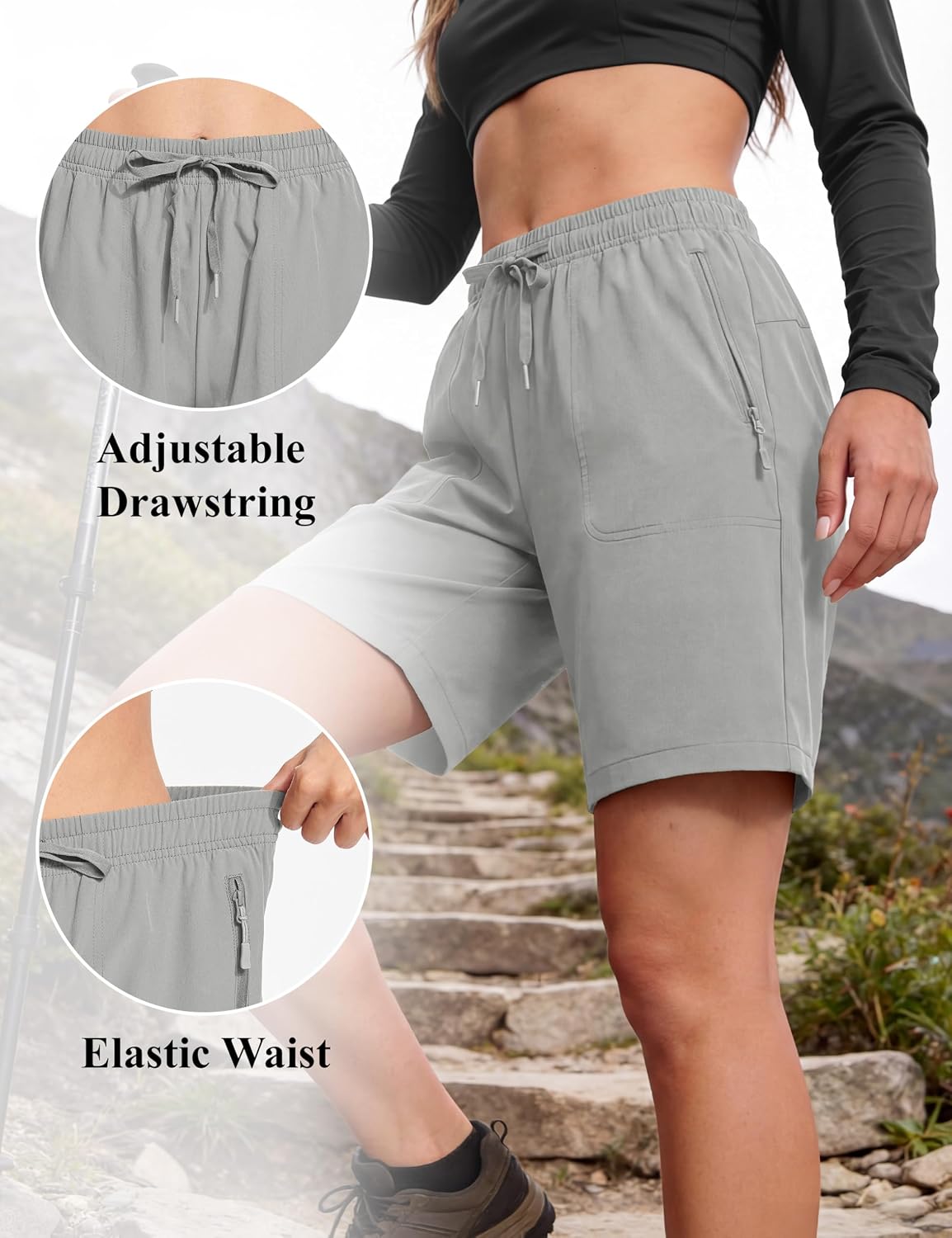 Detalle de MAGCOMSEN Women's 8" Quick-Dry Hiking and Golf Shorts with Zipper Pockets