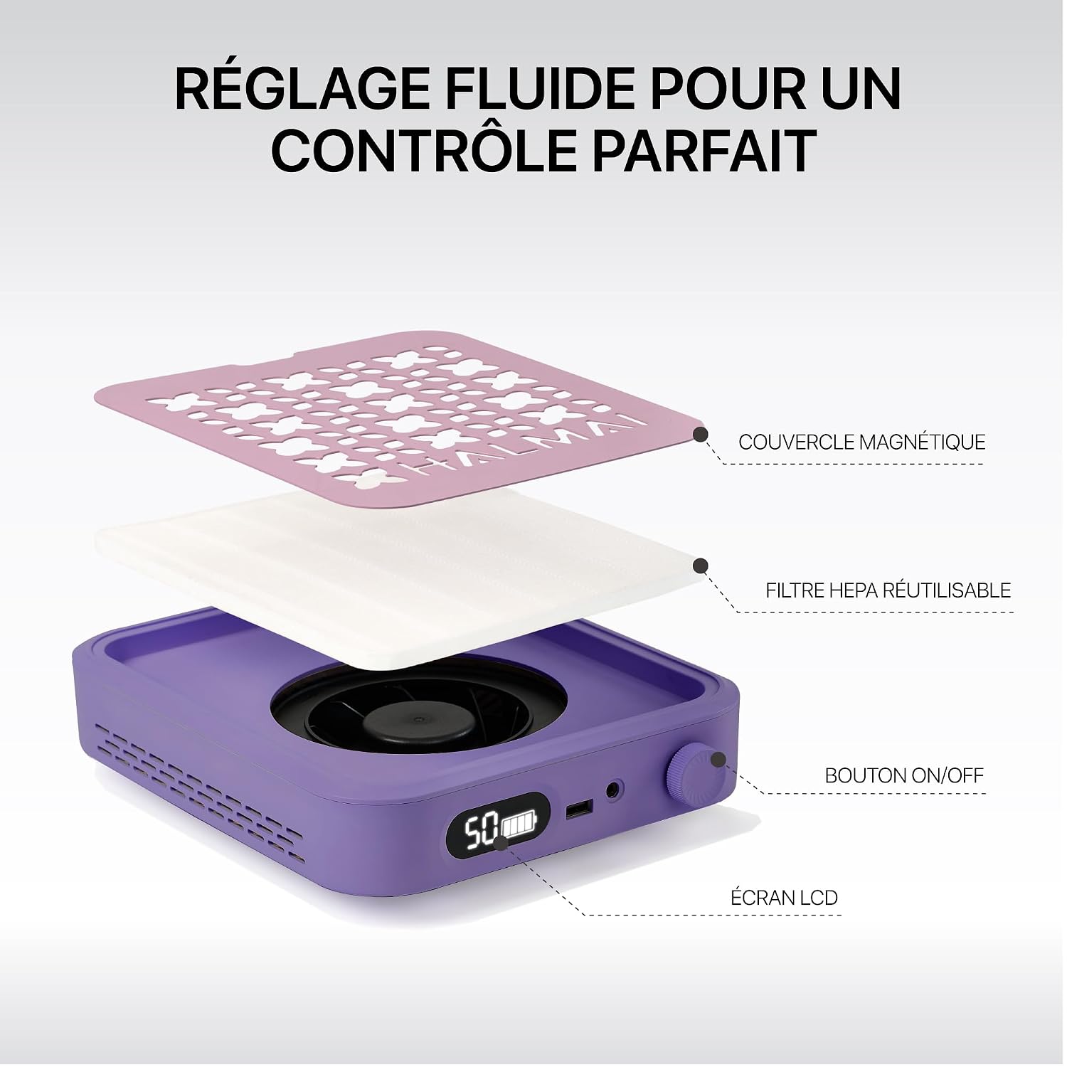 Detalle 2 de HALMAI Rechargeable Cordless Nail Dust Collector – kabelloser Staubabsauger für Acrylnägel (800 Pa, 5000 U/min, HEPA-Filter, Mauve Violett)