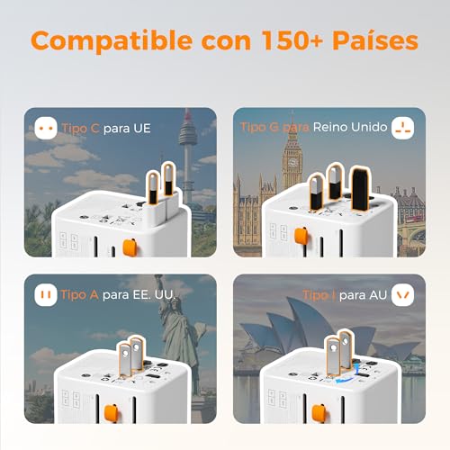 Detalle de TESSAN Adaptador universal de viaje con 3 USB-C, 2 USB-A y toma AC
