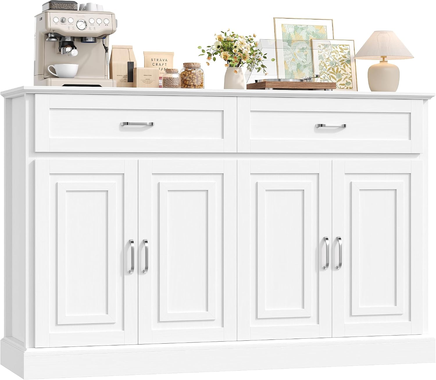 Detalle de FirFurd P032 140cm White Sideboard with Adjustable Shelves and Two Drawers