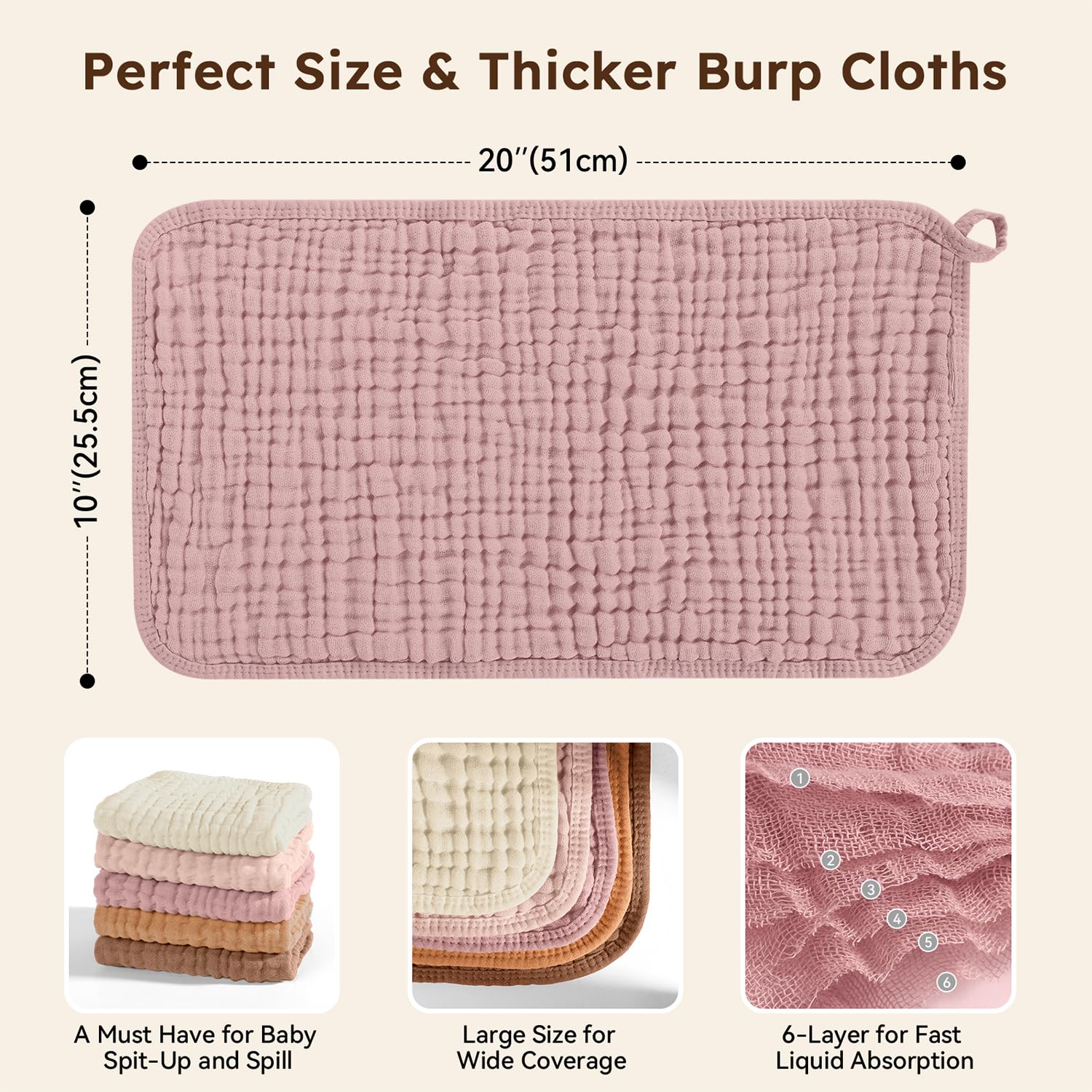 Thumbnail 2 de Unnivoll DGM06N-04US Muslin Burp Cloths, 100% Cotton, 6-Layer, 5-Pack