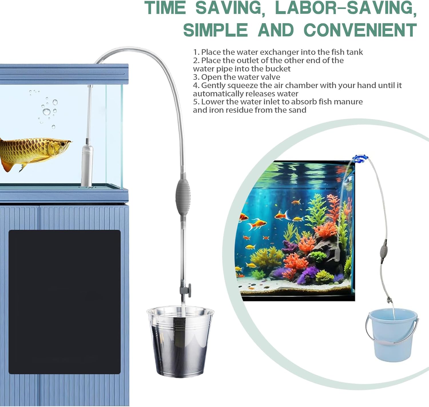 Detalle 2 de ZYQUES 3 in 1 Fish Tank Syphon Pump Kit (260 cm) with gravel cleaner, filter grid and air-pressing button