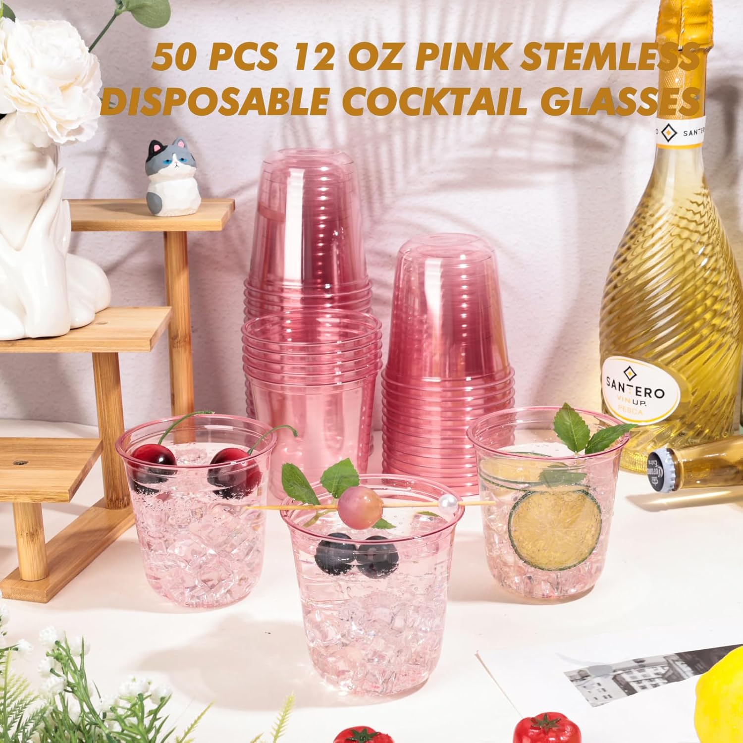 Detalle de KesaPlan 50-Pack Pink 12oz Disposable Stemless Plastic Wine Glasses
