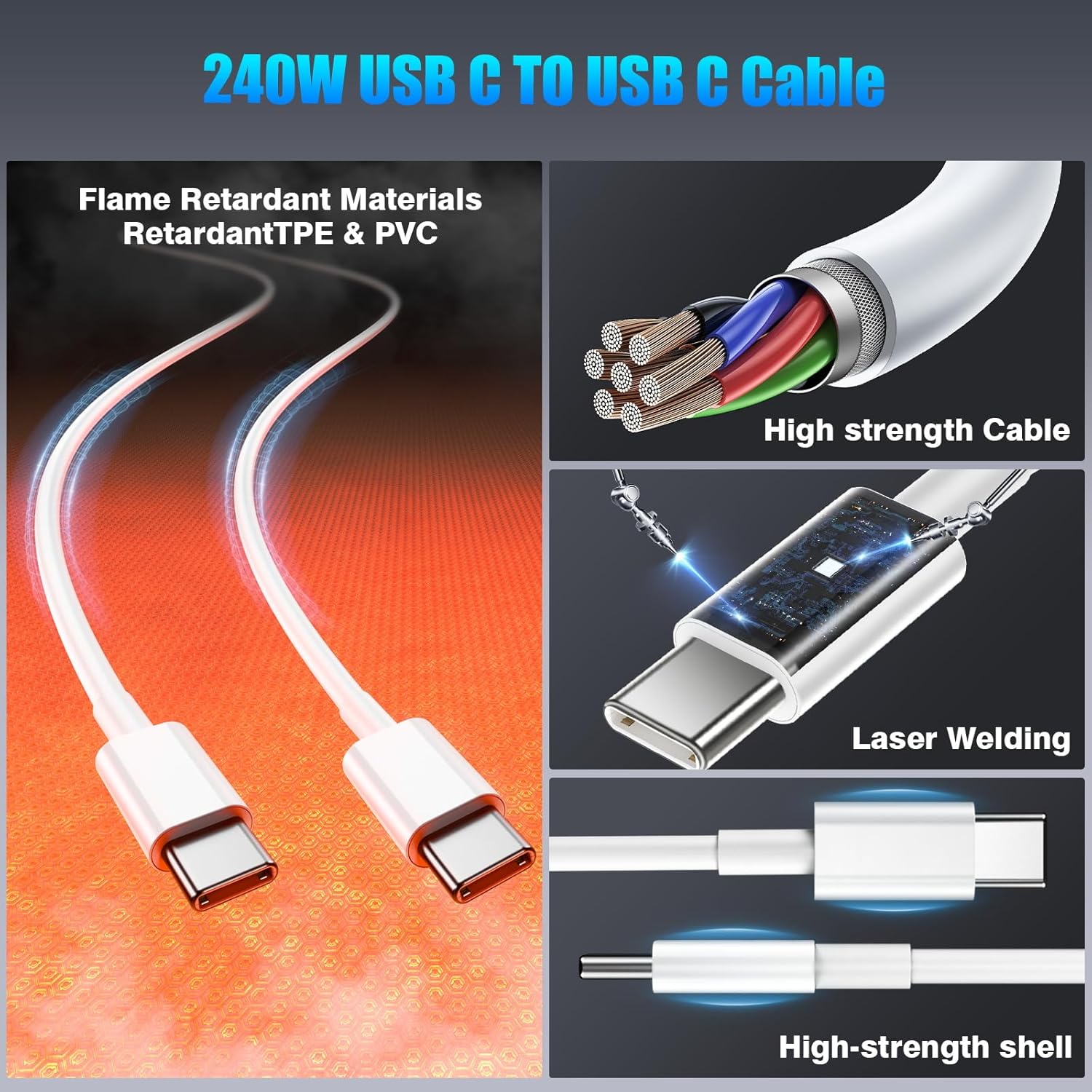 Detalle 2 de QZIIW USB C to USB C Cable 240W Fast Charging 3-Pack (3FT/3FT/3FT) – 240W PD3.1, E-Marker, DP Alt Mode