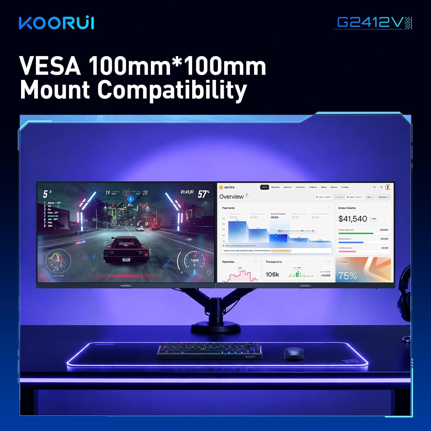 Thumbnail 6 de KOORUI 24" Gaming Monitor (240Hz, 1ms) with FHD HDR400, VA Panel, Adaptive Sync, HDMI 2.0 + DP 1.4