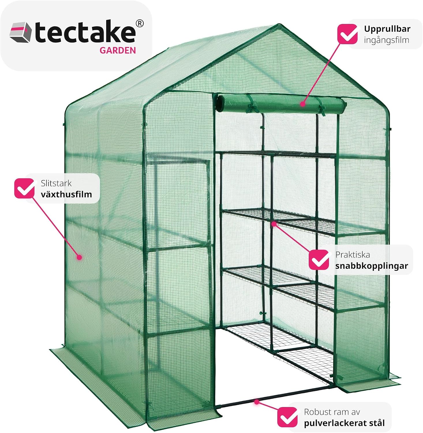 Detalle de tectake 401860-SE växthus med stålram, 16 hyllplan och UV-stabiliserad folie