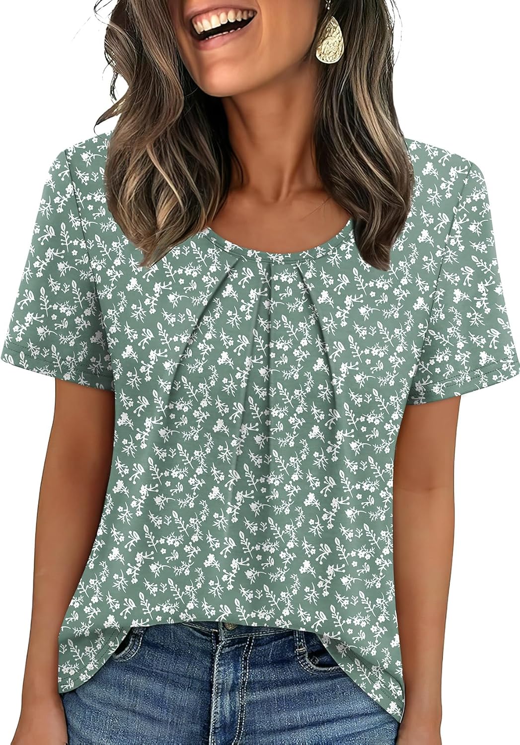 Thumbnail 6 de WIHOLL Women’s Pleated Short Sleeve T-Shirts (Scoop Neck, Flowly Front)