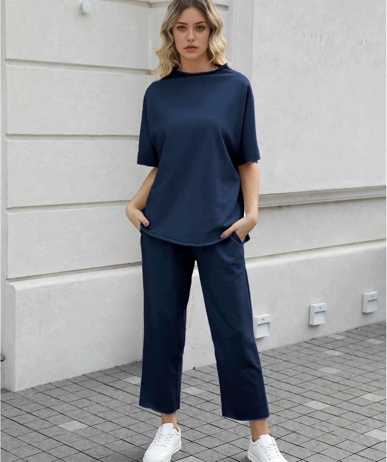 Thumbnail 5 de SeeLuNa Women's Two Piece Outfits: 3/4 Batwing Sleeve Capelet Top & Wide-Leg Pants Lounge Set
