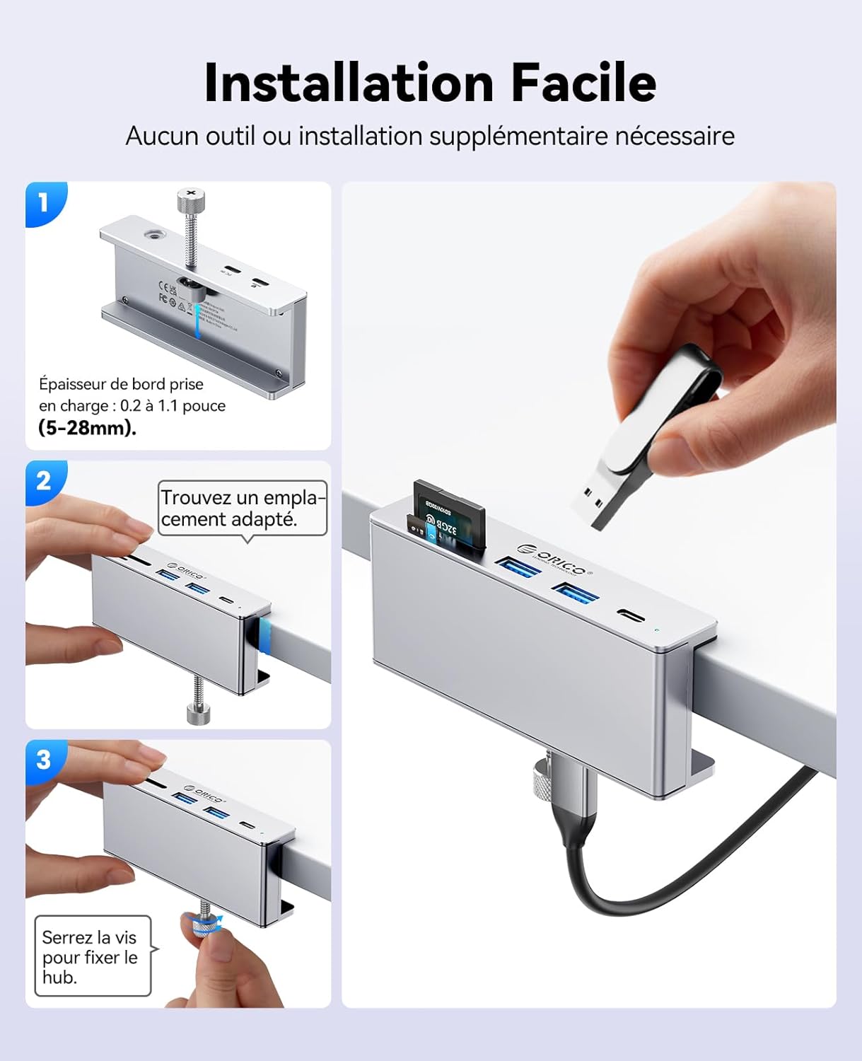 Thumbnail 4 de ORICO Hub USB 3.2 10 Gbps en aluminium avec clip et USB-C PD 60W – 7 ports