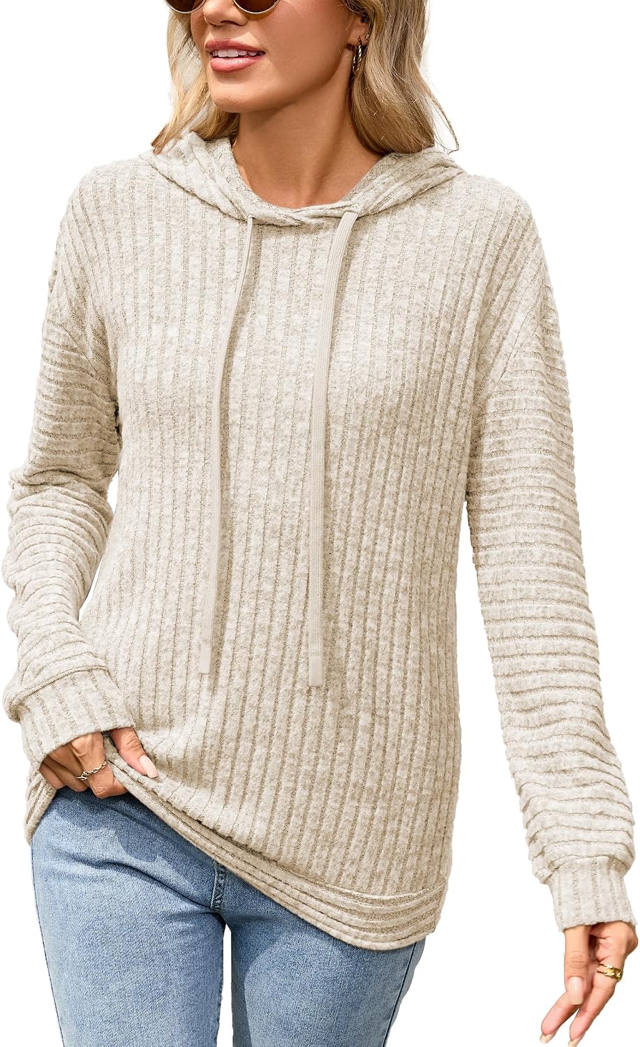 Thumbnail 5 de Famulily ribbed lightweight hoodies for women – striped long-sleeve pullover with hood