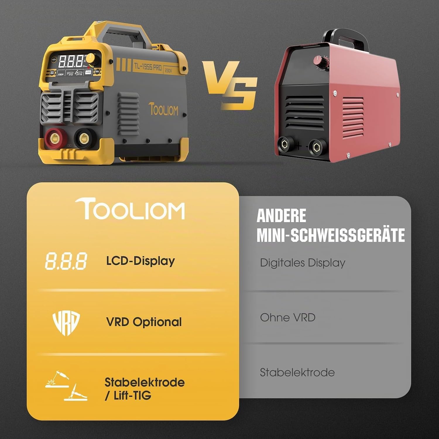 Detalle de TOOLIOM 195A Stabschweißgerät 230V – 2-in-1 Lift-TIG/Schweißgerät mit LCD und IGBT-Inverter