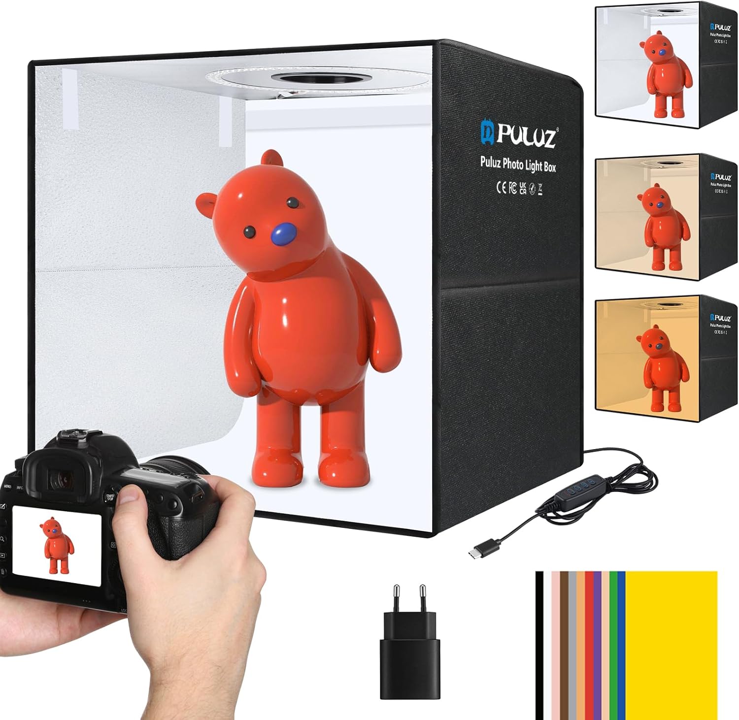 PULUZ Fotobox Tent Kit (50 cm) mit dimmbaren 3 Farbtemperaturen, 200 LEDs und USB‑PD – 12 Foto-Hintergründe