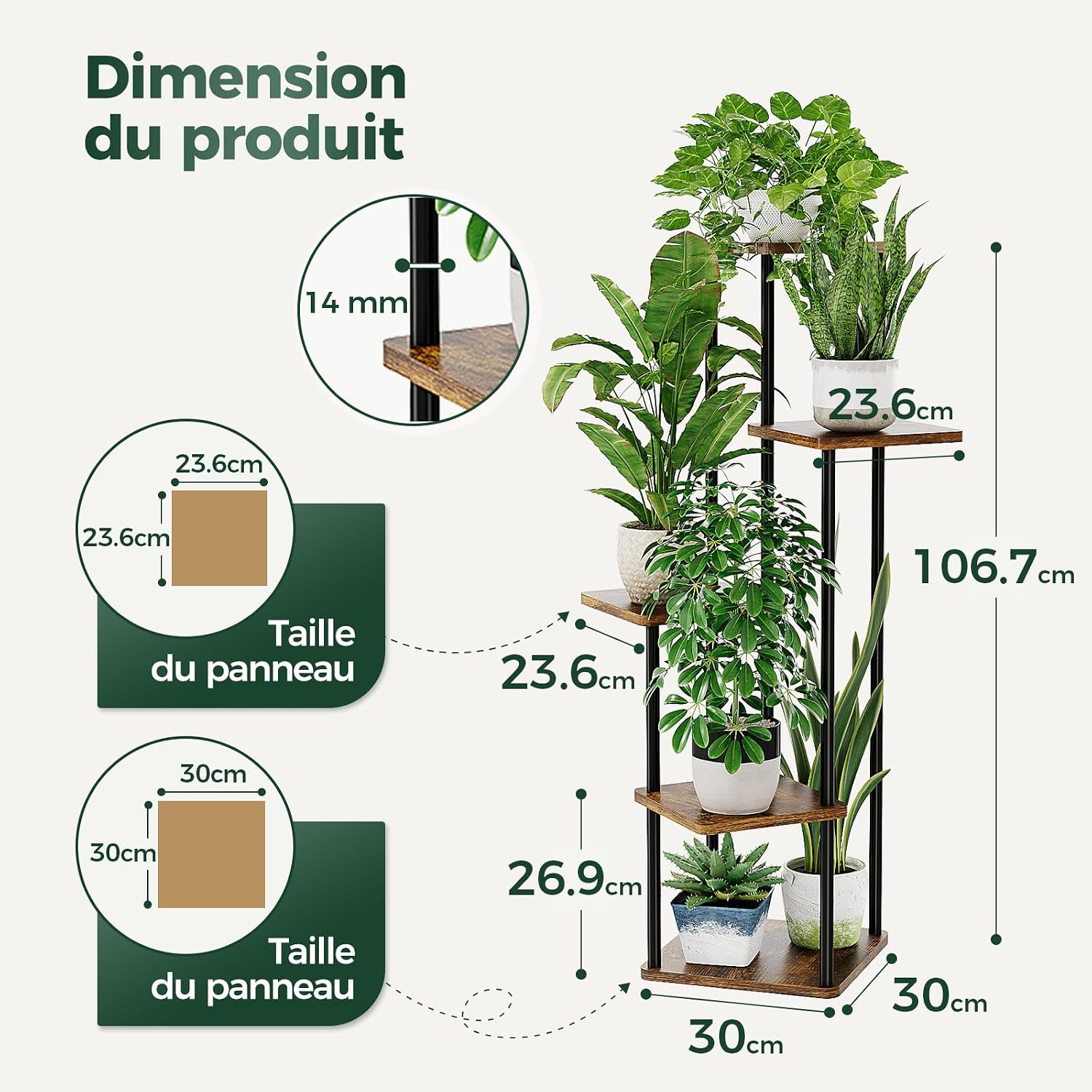 Detalle de Bamworld Support Plantes Intérieur à 5 Niveaux – Étagère en Métal Brun Rustique pour Multiplantes
