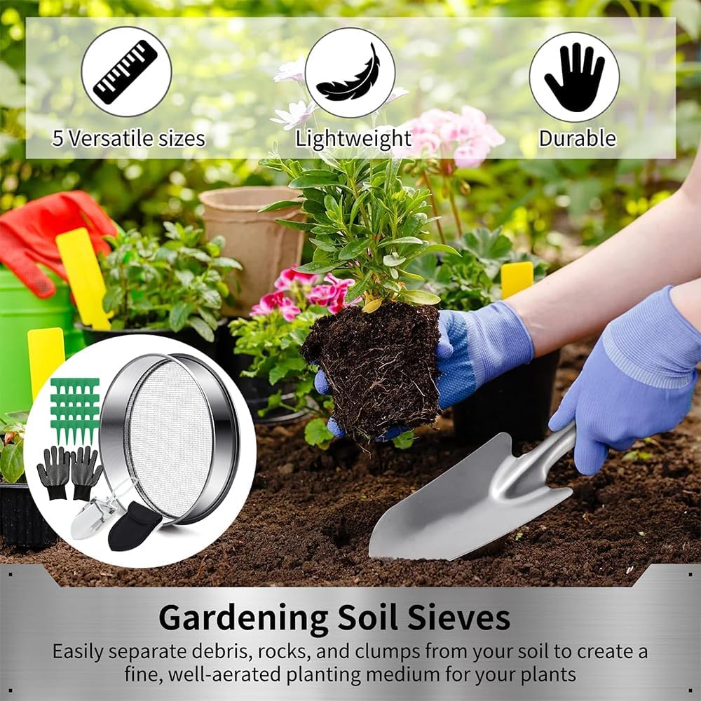 Detalle 2 de Rundes Gartensieb Edelstahl 20 cm (5-in-1) mit 5 Siebeinsätzen 3–12 mm, Schaufel, Pflanzenetiketten & Handschuhen