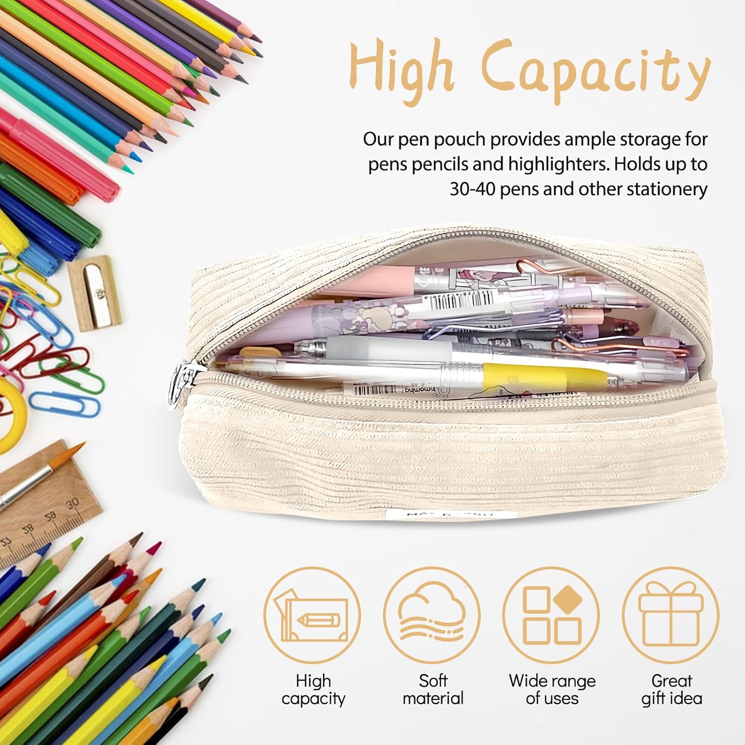Thumbnail 2 de Electri-HQ Pencil Case (Creme) – Federmäppchen aus Cord-Stoff mit 8 Farben, 19×7×6 cm