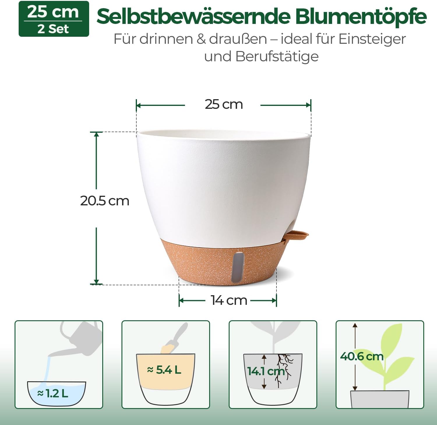 Detalle de T4U 25 cm Selbstbewässernder Blumentopf im Set