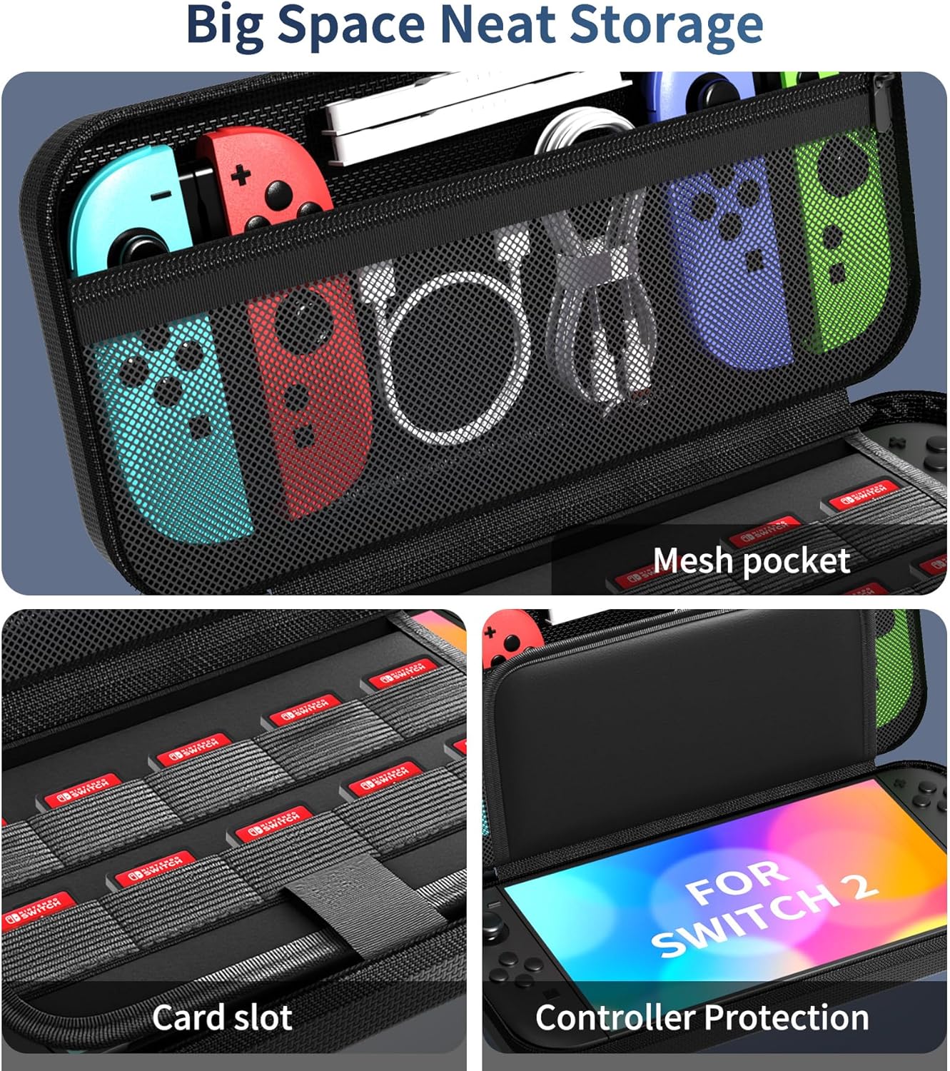 Detalle de QUAGGY Tragetasche 3‑in‑1 für Nintendo Switch 2 (2025) – Großes Fassungsvermögen, 360° Schutz