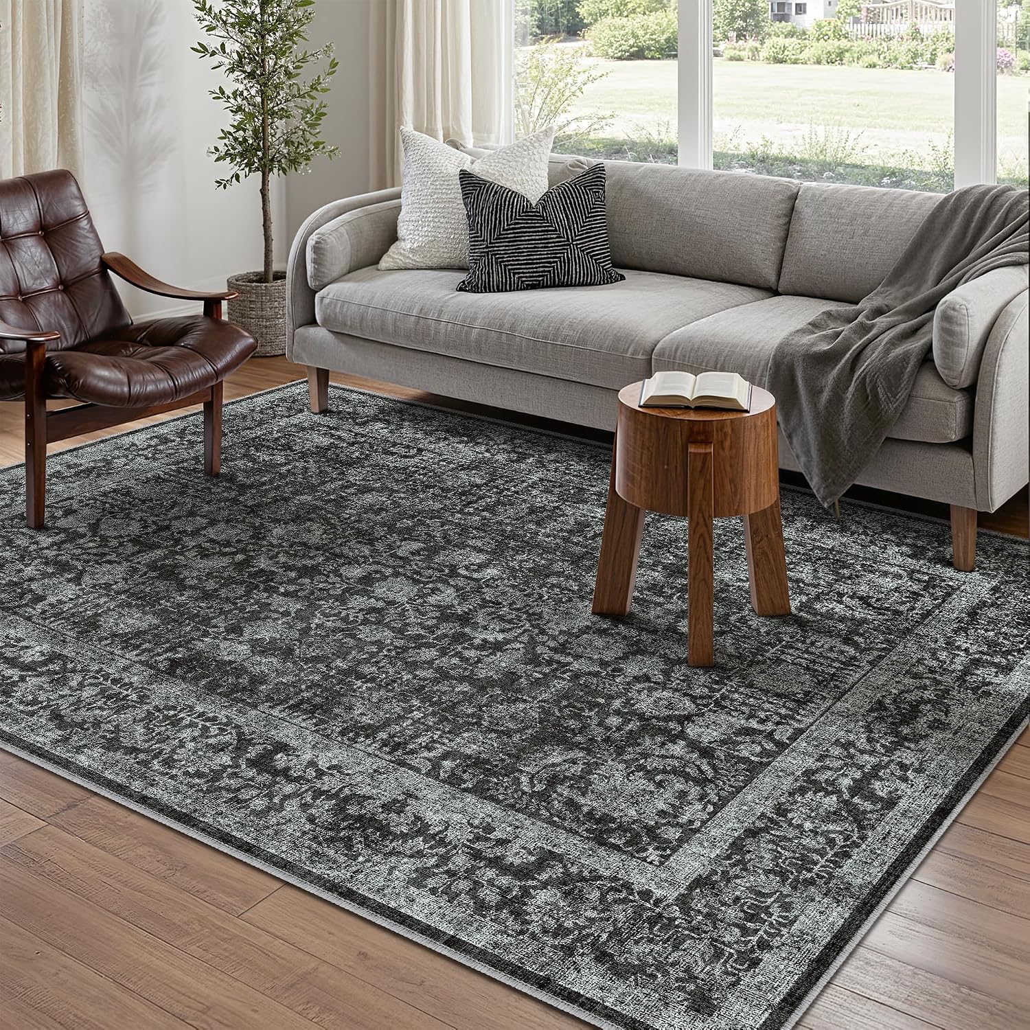 Detalle de HUGEAR Vintage Tiefschwarz waschbarer Teppich 60x90 cm – rutschfest für Eingangsbereich & Bad