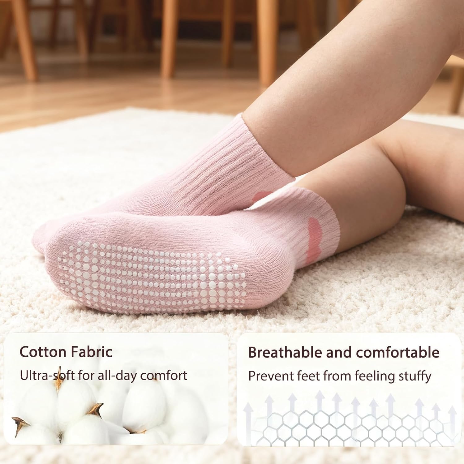 Thumbnail 4 de Bearbay Non-Slip Toddler Grip Socks with Anti-Skid Soles – 6-Pair Unisex Cotton Crew Socks