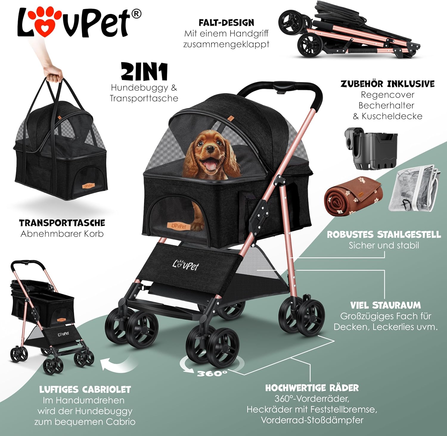 Thumbnail 1 de LOVPET® Hundewagen 2in1 als Hundebuggy & Hundebox, faltbar bis 20 kg, mit 360°-Drehrädern